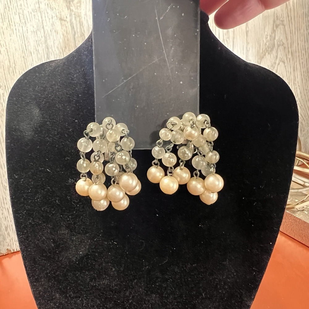 Vintage Faux Pearl and bead Dangle Chandelier Clip-On Earrings 1950's